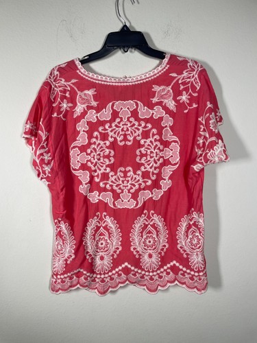 NWT! Solitaire Women's Coral Pink Embroidered Short Sleeve V Neck Blouse L Boho - Picture 6 of 7