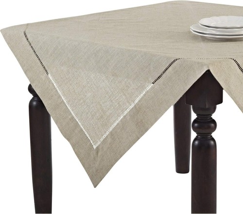 Timeless 72" Square Hemstitch Tablecloth in Natural - Perfect for Any Occasion - Picture 3 of 6
