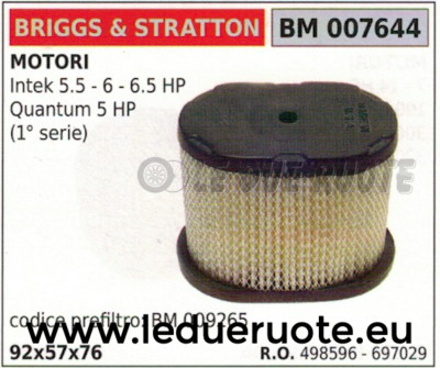 498596 Luftfilter Briggs & Stratton Intek 5.5 6 6.5 HP Quantum 5 HP 92x57x76