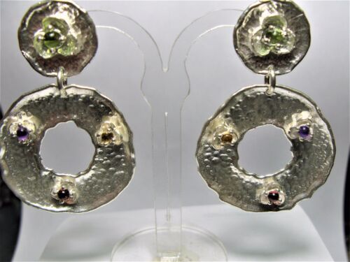 ORECCHINI CERCHIO CON FIORI CABOCHON LAVORAZIONE MARTELLATA IN ARGENTO 925 - Foto 2 di 4