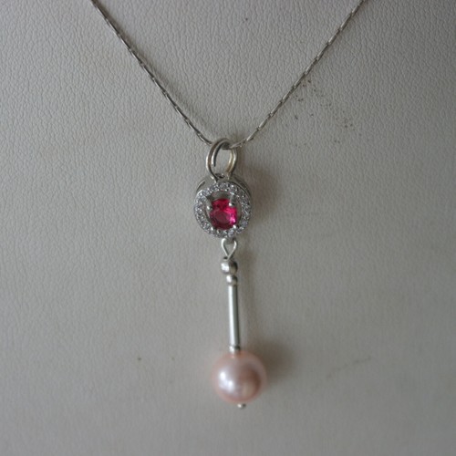 925 SILVER NECKLACE SET WITH RASPBERRY RHODOLITE GARNET & CZ. 16" LONG + EARRING - Picture 6 of 10