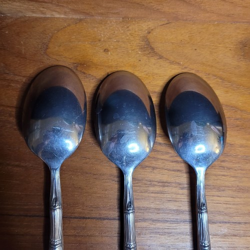 Set of 3 Hampton Silversmiths Cathay Mirror Bamboo Stainless 8" Soup Spoons - Picture 5 of 10