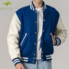 Bright Royal Wool And White Sleeves Varsity Leather jacket Biker jacket Men's