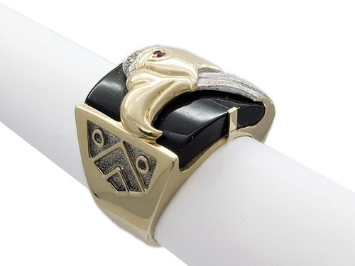 Natural Onyx Diamond & Garnet Eagle Cigar Band Ring Two-Tone 14k Gold Size 9.75 - Picture 2 of 7