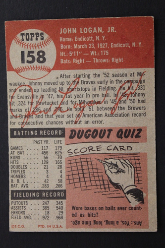 Johnny Logan (d.2013) BRAVES Autographed 1953 Topps #158 Signed Vintage Card - Picture 2 of 3