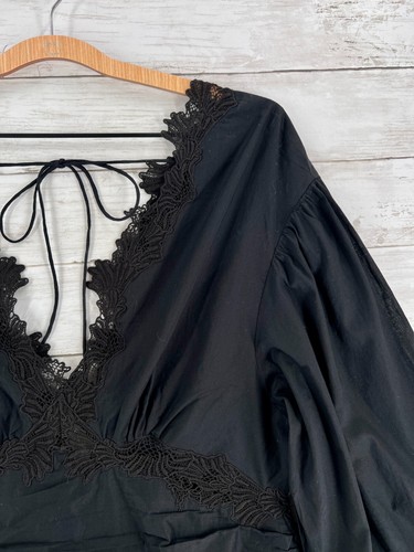 H&M Dress Women's Large Black Lace Trim Deep V-Neck 100% Cotton Cottagcore Goth - Picture 7 of 19