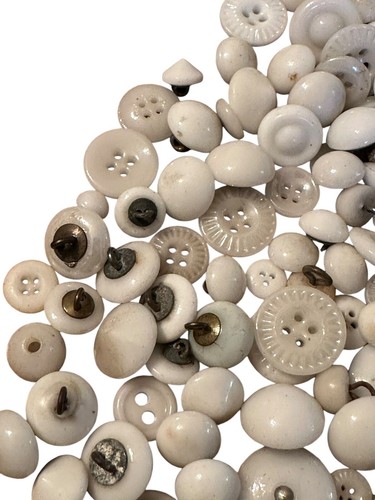 Vintage White Buttons Plastic Glass Over 100 Qty Crafts Sewing - Picture 6 of 9