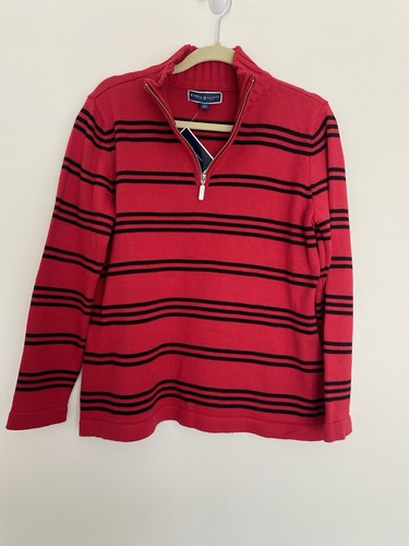 NWT Karen Scott 1/4 Zip Red Sweater M Black Stripes Cotton Pullover Christmas