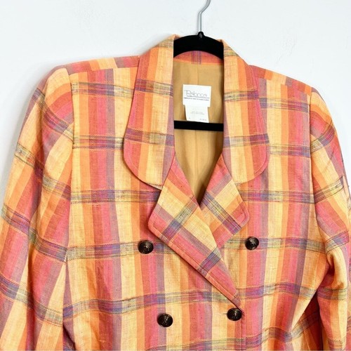 Vintage Relance peach pink yellow plaid linen blend cropped boxy blazer jacket S - Picture 5 of 12