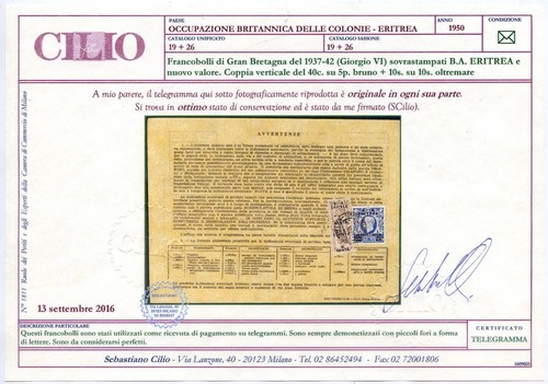 Occupazioni Britannica Colonie Eritrea 1950 n. 19 + 26 su telegramma (m2739) - Picture 4 of 5
