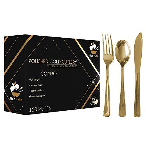 150pcs Premium Heavy-Duty Gold Plastic Silverware| Gold Cutlery Set Includes - Picture 2 of 8