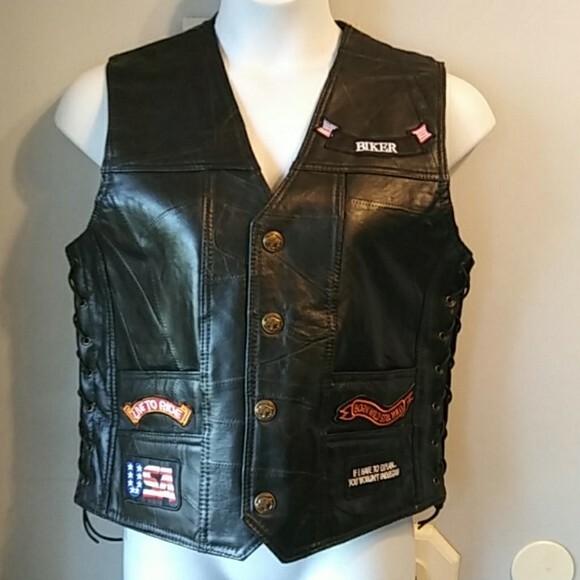 MEN'S GENUINE BUFFALO LEATHER MOTORCYCLE VEST WITH PATCHES SIZE M