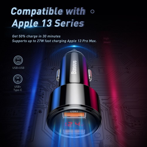 Baseus 6A Car Charger Lighter Fast USB Car Charger QC 3.0 Dual USB For Iphone - Picture 3 of 11