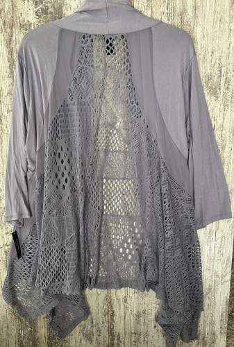 LA VANYA Women's Plus Size 3X Lilac Open Front Duster, Lace Insets, Long Sleeve - Picture 2 of 5