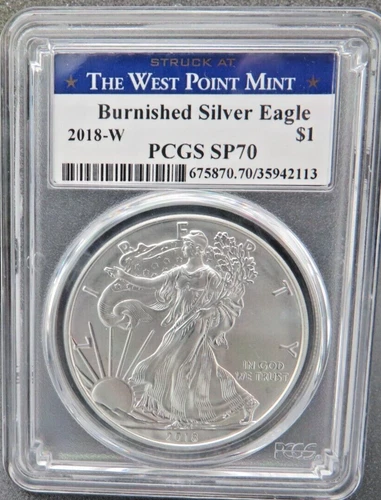 2018 W BURNISHED AMERICAN SILVER EAGLE PCGS SP70 WEST POINT MINT LABEL KEY DATE