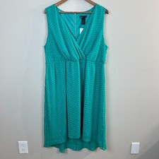 Lane Bryant Dress 18/20 Green V-Neck Sleeveless Polka Dot High Low Knee Length