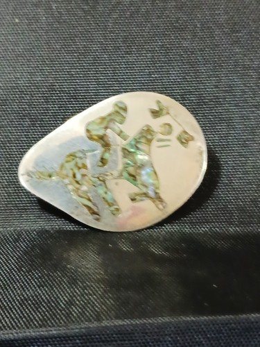 Racehorse Horse Jockey Mexican Taxco Abalone Inlay Sterling Silver Brooch Pin