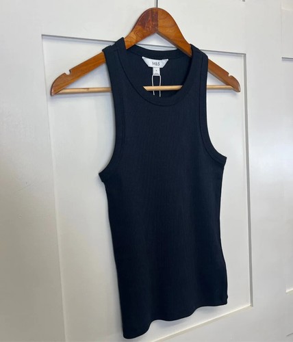 Ex M*S Womens Cotton Rich Ribbed Stretch Slim Fit Racerback Vest Top Pink Black - Picture 2 of 36