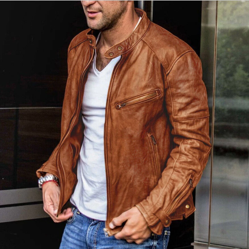 Mens Leather Coat Outwear Stand Collar Pu Leather Punk Motorcycle