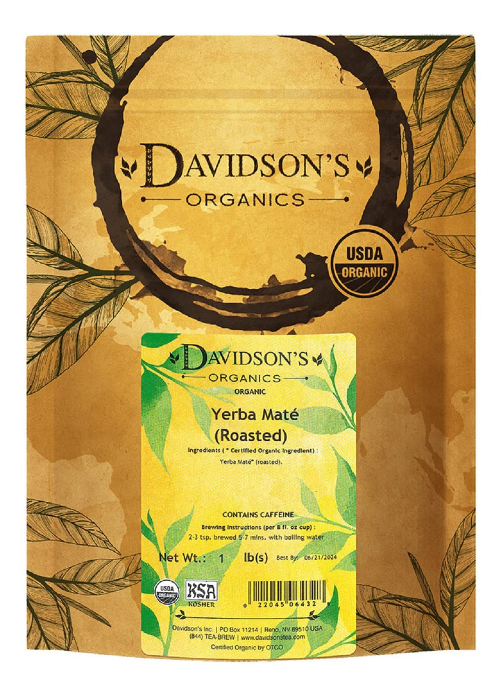 DavidsonS Organics, Мате жареный, Рассыпной листовой чай, пакетик по 16 унций