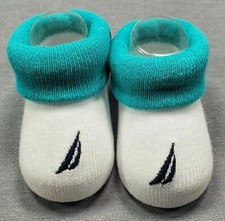 Baby Boy Nwot Nautica 0-6 Month White Teal Cuff Name Emblem Socks