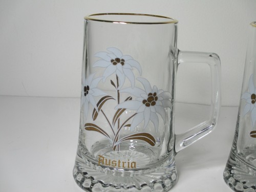 UNIQUE BEER MUGS HEAVY CLEAR GLASS AUSTRIA AND FLOWERS ON MUG GOLD RING GERMANY - Picture 3 of 11