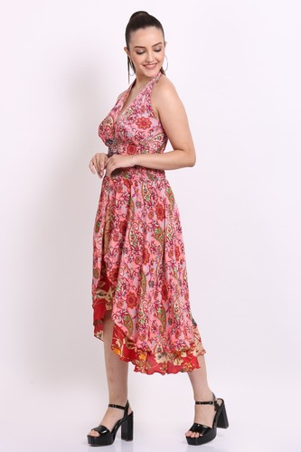 Women's Floral Printed Halter V Neck Sleeveless Ruffle Hem Fit & Flare Dress Mix - Picture 6 of 9
