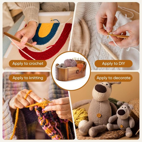 Wooden Yarn Bowl with 9Pcs Knitting Hooks, Crochet Yarn Holder Large Storage New - Picture 3 of 7