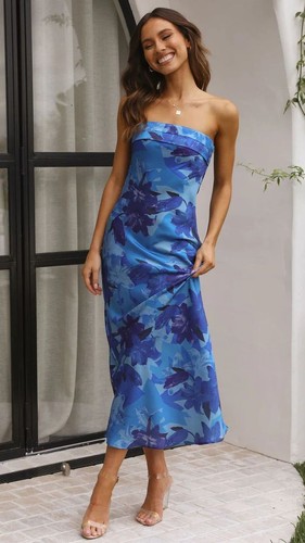 2025 Frühling/Sommer neuer Stil weiches elegantes Satin rückenfreies trägerloses Kleid bedruckt - Bild 27 von 31