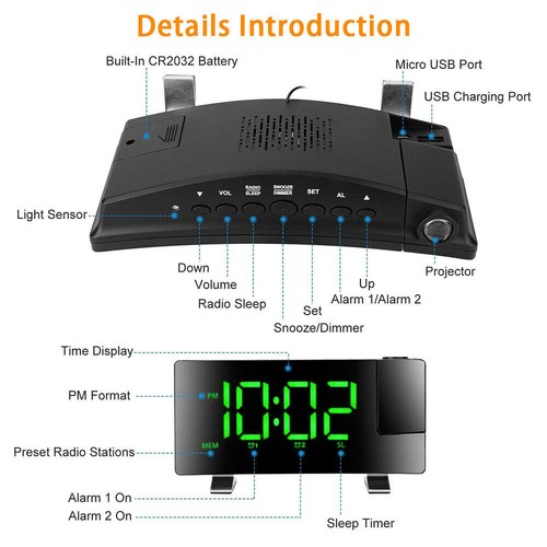 DE LED FM Radiowecker mit Projektion Digital Funkuhr Dimmbar Tischuhr Alarm USB. - Bild 7 von 18