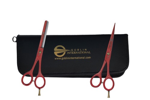 Professional Hair Cutting Scissor Shears, Thinning Set Red Glittered, 6" - Picture 1 of 3