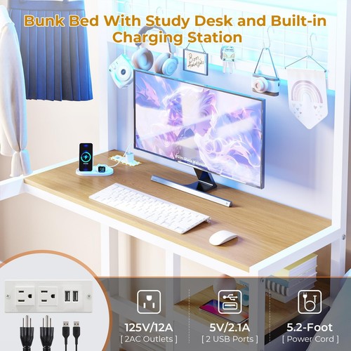 Twin Over Twin Size Bunk Bed with Desk Charging Station Led Lights Drawers White - Picture 5 of 8