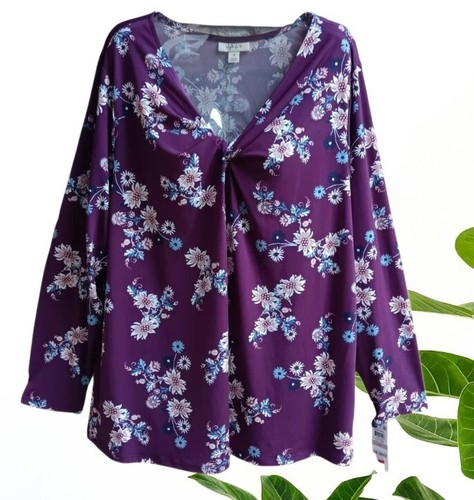 Style & Co Women’s Plus Size 1X Top Blouse Long Sleeves Purple Floral