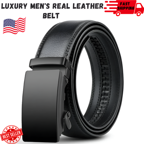 Luxury Men's Real Leather Belt Automatic Buckle Ratchet Waist Strap Jeans Dress - Picture 1 of 8