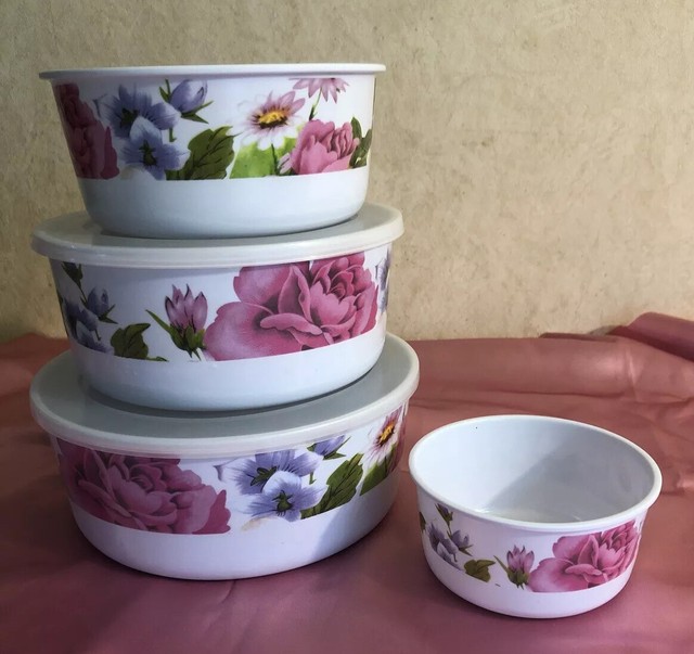 Melamine Ware 4 Nesting Serving / Mixing Bowls w/ colorful Floral