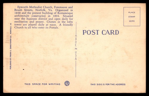 Postcard Epworth Methodist Church, Norfolk, Virginia, LINEN UNP - Picture 2 of 2