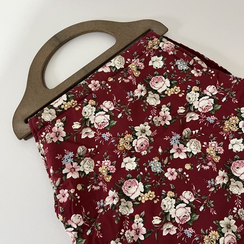 Vintage Floral Bag Fabric Burgundy White Blue Flowers Plastic Handles Handmade - Picture 3 of 9