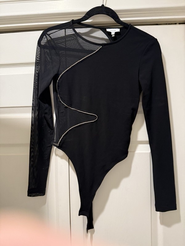 Reiss Womens FELICITY MESH DIAMANTÉ DETAIL BLACK BODYSUIT Top Size S 4/6