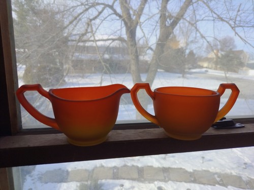 US glass Tiffin amberina satin glass Sugar & Creamer Art deco handles 1920's Set - Picture 21 of 23