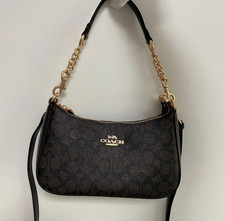 COACH Teri Shoulder Bag In Signature Canvas Walnut Black Brand New