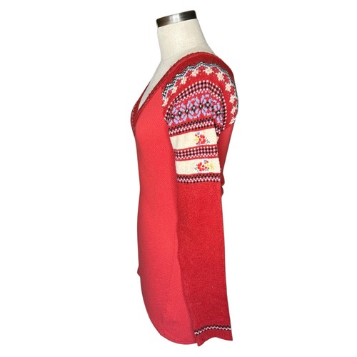 FREE PEOPLE Top Termico Rosso Fair Isle Manica Lunga Donna Taglia Large DIFETTOSO - Foto 2 di 8