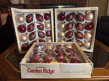 Vintage Garden Ridge 48 piece glass ornaments in burgundy, plum, champagne