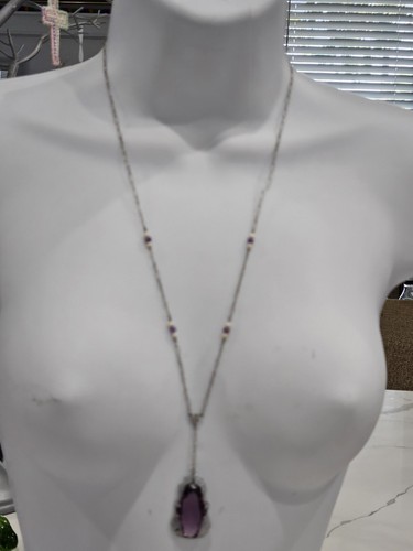 Antique Art Deco Amethyst Glass Faux Pearl Filigree Rhodium Plated Necklace 23" - Picture 2 of 14