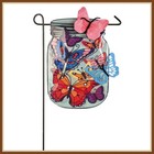 EVERGREEN GARDEN FLAG * MASON JAR BUTTERFLY * EMBELLISHED BURLAP APPLIQUE' -NEW