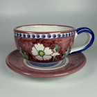Vietri Italy Hand Made Floral Cup & Saucer Set Red Blue Green Pottery Second See