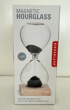 Kikkerland Magnetic Stalagmite Clear Glass Hourglass Timer Beechwood Base NIB