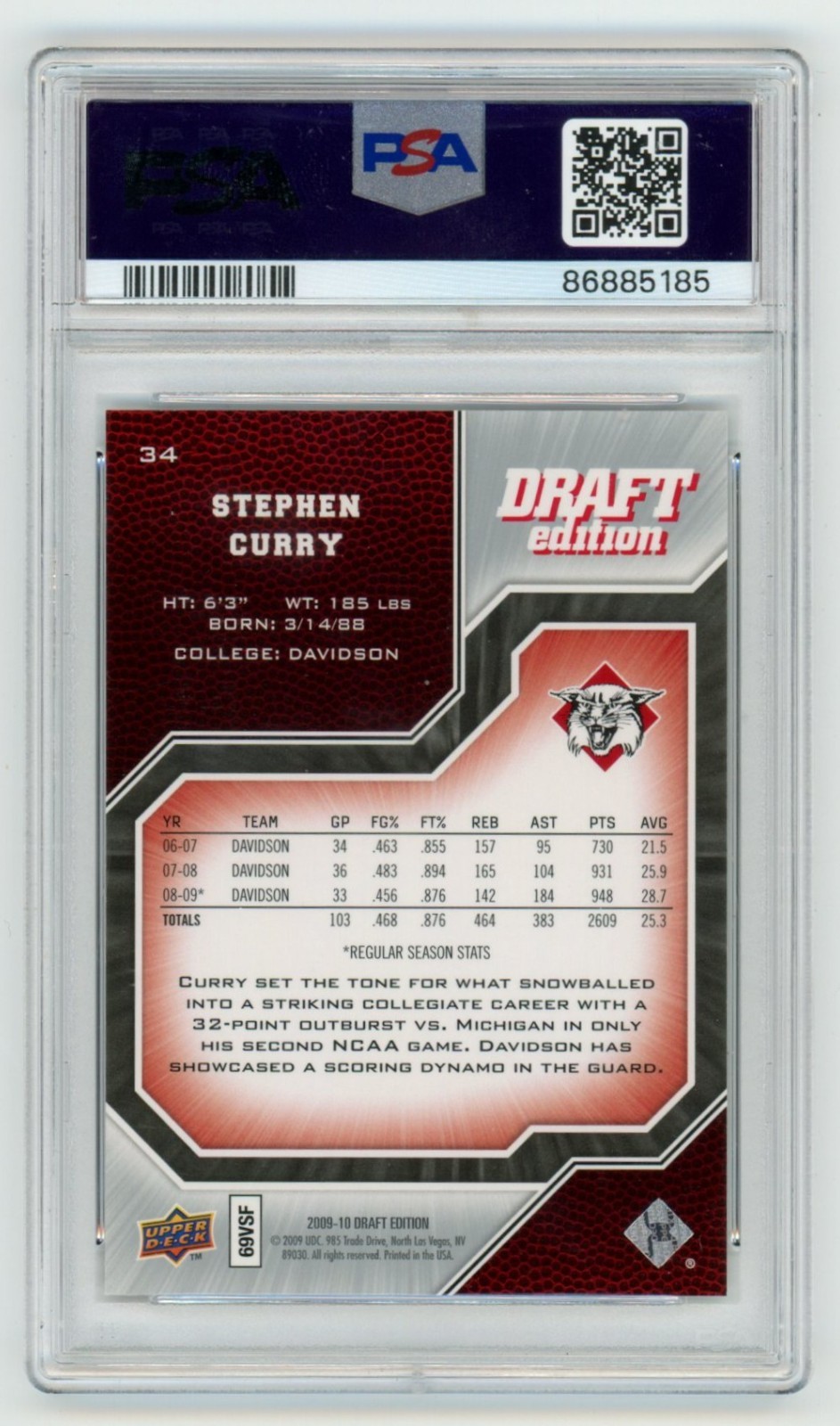 PSA 10 2009-10 Upper Deck Draft Edition Stephen Curry #34 Rookie RC view 2