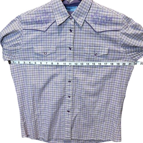 Vintage Wrangler Blues Women Embroidered Pearl Snap Shirt M Purple Plaid Lurex - Picture 9 of 9