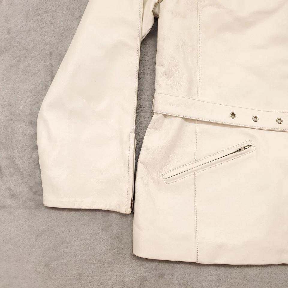 Margaret Godfrey Jacket Womens 16 White Leather Belted Zip Pockets Lined Moto - Image 4 of 4