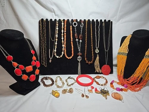 Vtg Now Orange Mixed Bulk Costume Jewelry Lot Necklaces Bracelets ++FOR ALLIEH76